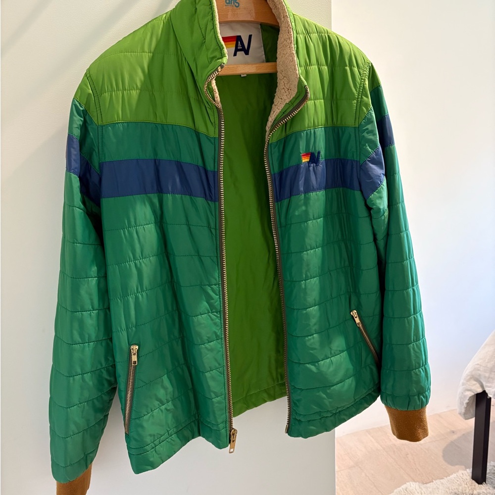 Aviator Nation Green Puffer Jacket with Sherpa Lining